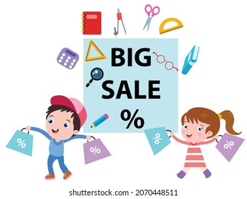 Stationery sale vector concept. Two happy kids carrying shopping bags while standing with school supplies