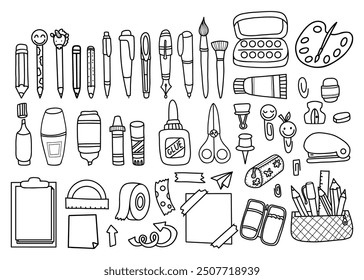 Stationery, school accessories, art supplies, hobby, educational items doodles. Pencil case with pens, brushes and paints, glue, eraser, marker and stapler set. Vector isolated outline drawings