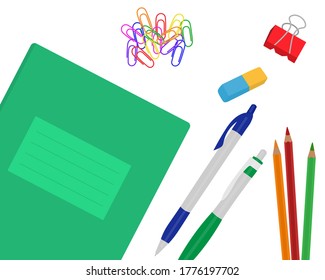 
Stationery for school copybook pencils pens paper clips eraser vector illustration