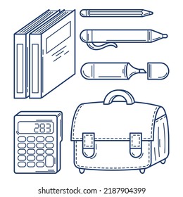 Stationery for school. Education supplies for children study. Set of school bag, pen, highlighter, books, calculator.