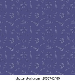 Stationery and school elements seamless blue pattern. Simple line background. Vector stock illustration