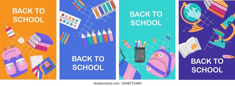 Stationery and school essentials posters. Bright and modern designs for ads, educational prints or social media content.
