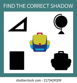 Stationery school. Find the correct shadow. Educational game for children.