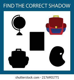 Stationery school. Find the correct shadow. Educational game for children.
