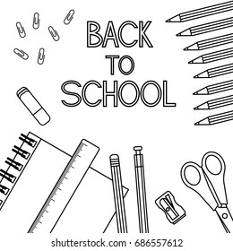 Stationery in school with the inscription "Back to school". Contour lines.