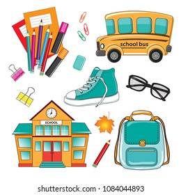 Stationery  school items, school bus and school building