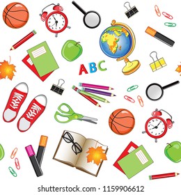 Stationery  school items seamless pattern on a white background