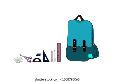 stationery of school like bag, ruler, pen, pencil, eraser for children back to school.