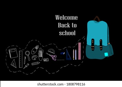 stationery of school like bag, ruler, pen, pencil, eraser for children back to school.