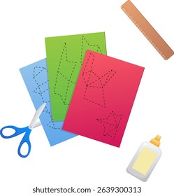Stationery for school, office and papercraft. Illustration of colored paper with scissors, glue and ruler.