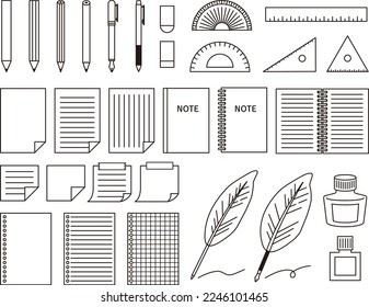stationery for school. Office stationery. Pencils and pens, notebooks and rulers. Simple line vector design.
