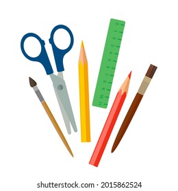 stationery for school or office. stationery scissors, colored pencils, brushes. vector illustration isolated on white background