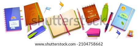 Stationery for school and office. Vector cartoon icons of education supplies, notebooks, pen, pencil, marker, pins, sharpener, notepads and paper sheets isolated on white background