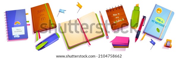 Stationery for school
and office. Vector cartoon icons of education supplies, notebooks,
pen, pencil, marker, pins, sharpener, notepads and paper sheets
isolated on white
background