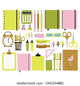 Stationery for school on a white background. Vector illustration