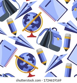 Stationery for school seamless pattern. University or college supplies for studies. Notebook and pencil, satchel for books and paper plane. Geography lessons with globe model, vector in flat