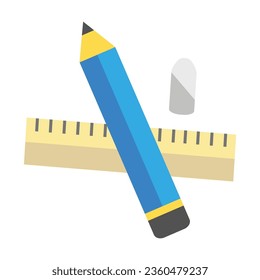 Stationery school supplies for drawing lesson. Ruler, simple wooden pencil and eraser. Multicolored flat vector icon representing school items concept isolated on white background