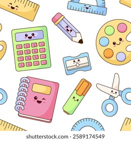 Stationery, school supplies, items seamless pattern, background. Simple cute kawaii cartoon style vector illustrations, drawings