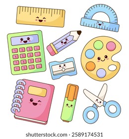 Stationery, school supplies, items, set of simple cute kawaii cartoon style vector illustrations