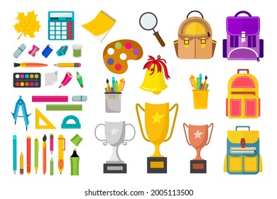 Stationery or School Supplies Set. Pencils, pens, backpacks, rulers, cups, a calculator, compasses. Vector illustration