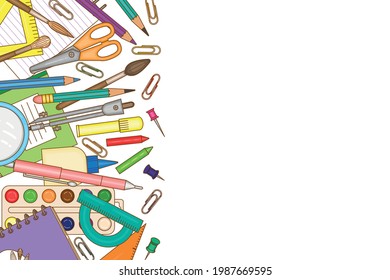 Stationery and school supplies. Template. Multi-colored image of objects on a white background. There is free space for text. Vectron illustration.