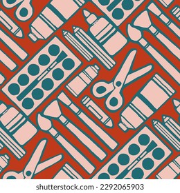 Stationery school tools seamless repeat pattern, Art education wallpaper with line icons of pencil, pen, paintbrush, palette, scissors, Painter supplies vector illustration