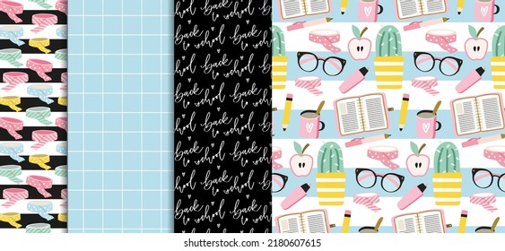 Stationery, school writing supplies print design. Seamless pattern set with trendy succulent plants, cute planner and washi tape roll vector clipart. Vector background for notebook cover.