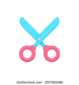 Stationery scissors 3d icon. Sharp tool with red handles for cutting paper and fabric. Classic equipment for hairdressers and barbershops. Essential accessory for stitching. Realistic vector isolated