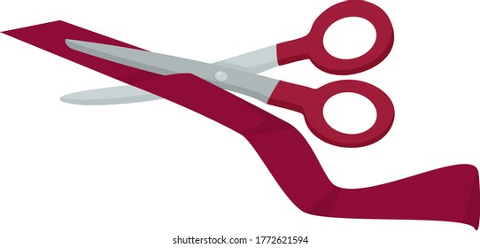 Stationery scissors cut a colored satin ribbon. Vector illustration