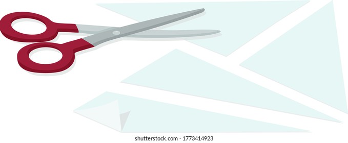 Stationery scissors cut a piece of paper. Vector illustration