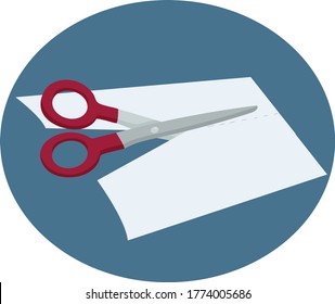 Stationery scissors cut a piece of paper. Vector illustration