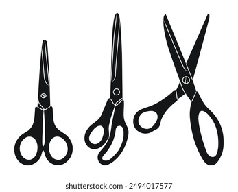Stationery scissors, different shape and position of the blades, tool silhouette sketch