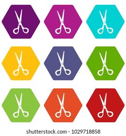 Stationery scissors icon set many color hexahedron isolated on white vector illustration