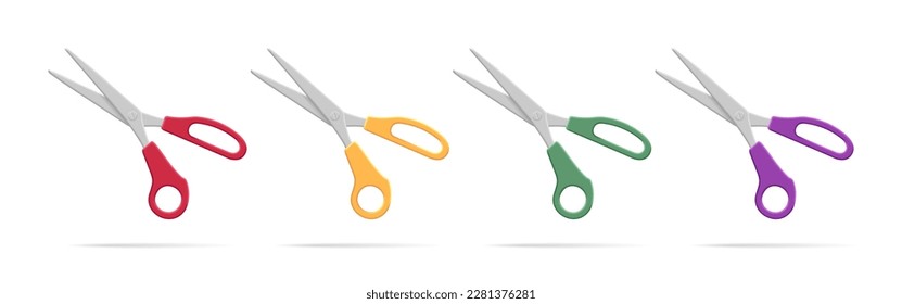 Las tijeras de estacionería tijan la ilustración vectorial de colección realista. Cortadoras de oficina con mangos de anillos de diferente color y hoja afilada. Equipo de acristalamiento de acero