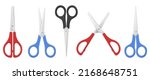 Stationery scissors realistic template collection vector illustration. Office cutters with rings handles and sharp blade for cutting chopping set isolated. Steel grooming equipment for beauty coiffure