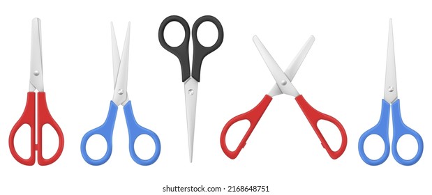 Stationery scissors realistic template collection vector illustration. Office cutters with rings handles and sharp blade for cutting chopping set isolated. Steel grooming equipment for beauty coiffure