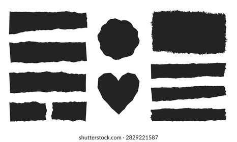 Stationery scrap paper decorative elements set, rough textured style, torn edges, rectangular strips, circles, hearts, and labels