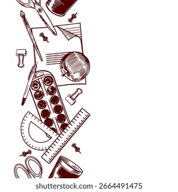 Stationery seamless border, vertical. Notebook, scissors, pen, ruler, brush, paints, paper clip, pushpin. Hand drawn vector clip art for creating banners and posters for the Back to School holiday.