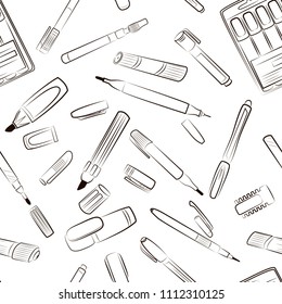 Stationery seamless pattern, different types of markers, office and school stationery, permanent markers, highlighters, double-sided marker, can be used for background of website, notebook and other
