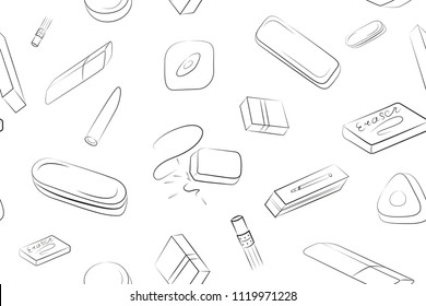 Stationery seamless pattern, different types of erasers, office and school stationery, can be used for background of website, notebook and other