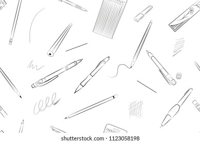 Stationery seamless pattern, different types of pencils, office and school stationery, can be used for background of website, notebook and other