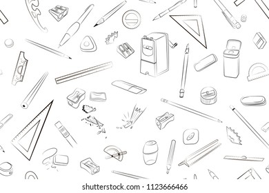 Stationery seamless pattern, different types of drafting tools: pensil, eraser, sharpener, ruler; tools for drawing, office and school stationery, can be used for background of website, notebook