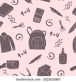 Stationery seamless pattern in doodle style.Back to school concept with different office supplies.Hand drawn rucksack,sweater,pencil.Student tools and equipment for crafting and education