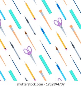 Stationery seamless pattern in flat style. Vector illustration of pencils and pens print for wallpaper. Isolated on white background. School and office supplies. Baby wallpaper texture
