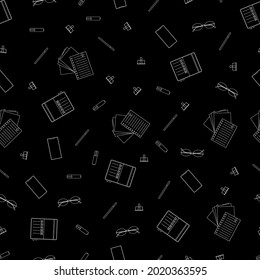 Stationery seamless pattern on black background. Vector line art illustration