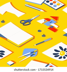 Stationery seamless pattern on a sunny yellow background. Paints, scissors, paper are lit by the sun. Concept for office, school and creative studies. Vector illustration.