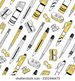 Stationery seamless pattern with pen, pencil, sharpener, marker, rubber. Vector illustration. 