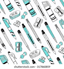 Stationery seamless pattern with pen, pencil, sharpener, marker, washing gum. Vector illustration. 