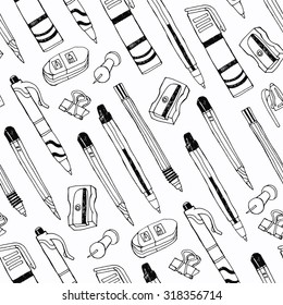 Stationery seamless pattern with pen, pencil, sharpener, marker, eraser. Vector illustration. 