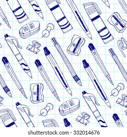 Stationery seamless pattern with pen, pencil, sharpener, marker, rubber. Vector illustration. Cloth design, wallpaper, wrapping.